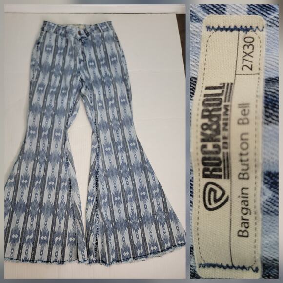 Rock &Roll Cowgirl Jeans SZ 27X30 Blue Aztec Bargain Bell Bottom High Rise - Picture 1 of 11